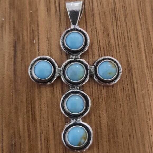 1.5" Auth Navajo Southwest 925 Silver Cross Necklace Pendant Real Turquoise 5* c - Picture 3 of 7